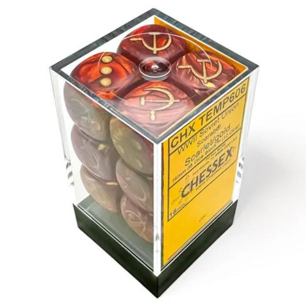 Manufacturing CHX29063 d6 Cube 16mm Opaque WW2 Soviet Scarab Scarlet & Gold Dice - 12 Count