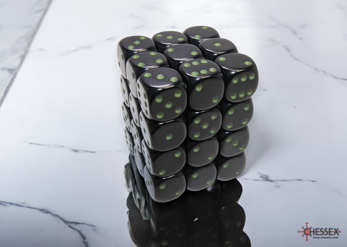 CHX25858 12 mm D6 Cube Opaque Dice Game, Black & Green - Pack of 36