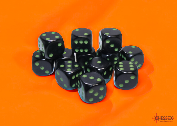 CHX25658 16 mm D6 Cube Opaque Dice Game, Black & Green - Pack of 12