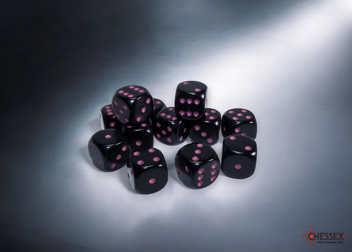 CHX25648 16 mm D6 Cube Opaque Dice Game, Black & Pink - Pack of 12