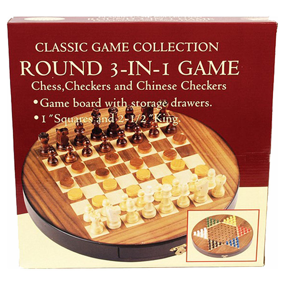 JHC100760 Walnut Round 3-in-1 Set Board Game for Chess, Checkers & Chinese Checkers