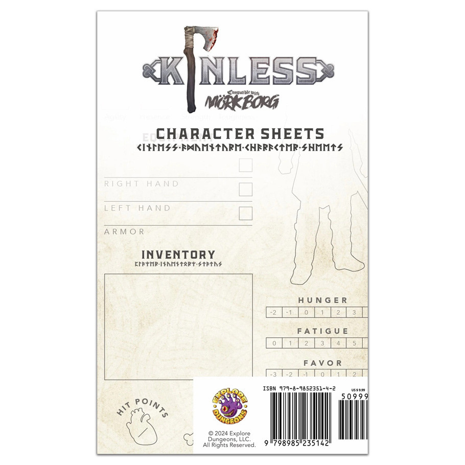 EXD1004 Mork Borg Kinless Character Sheets for Role Playing Game
