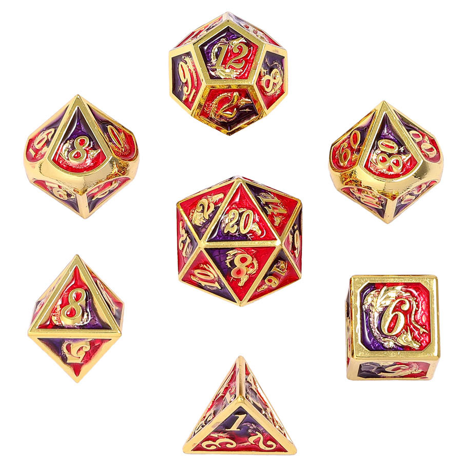 HYOBRL119 Solid Metal Dragon Gold with Red & Purple Dice - Set of 7