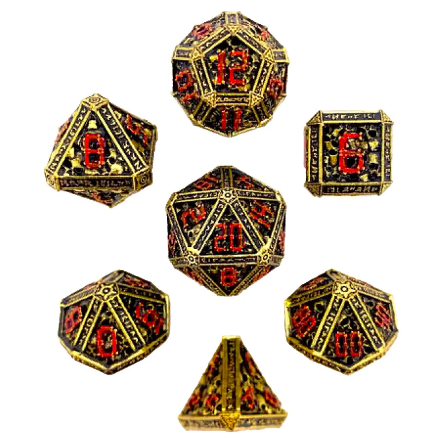 HYO0612 7-Set Necromancer Hollow Metal Dice, Gold with Red