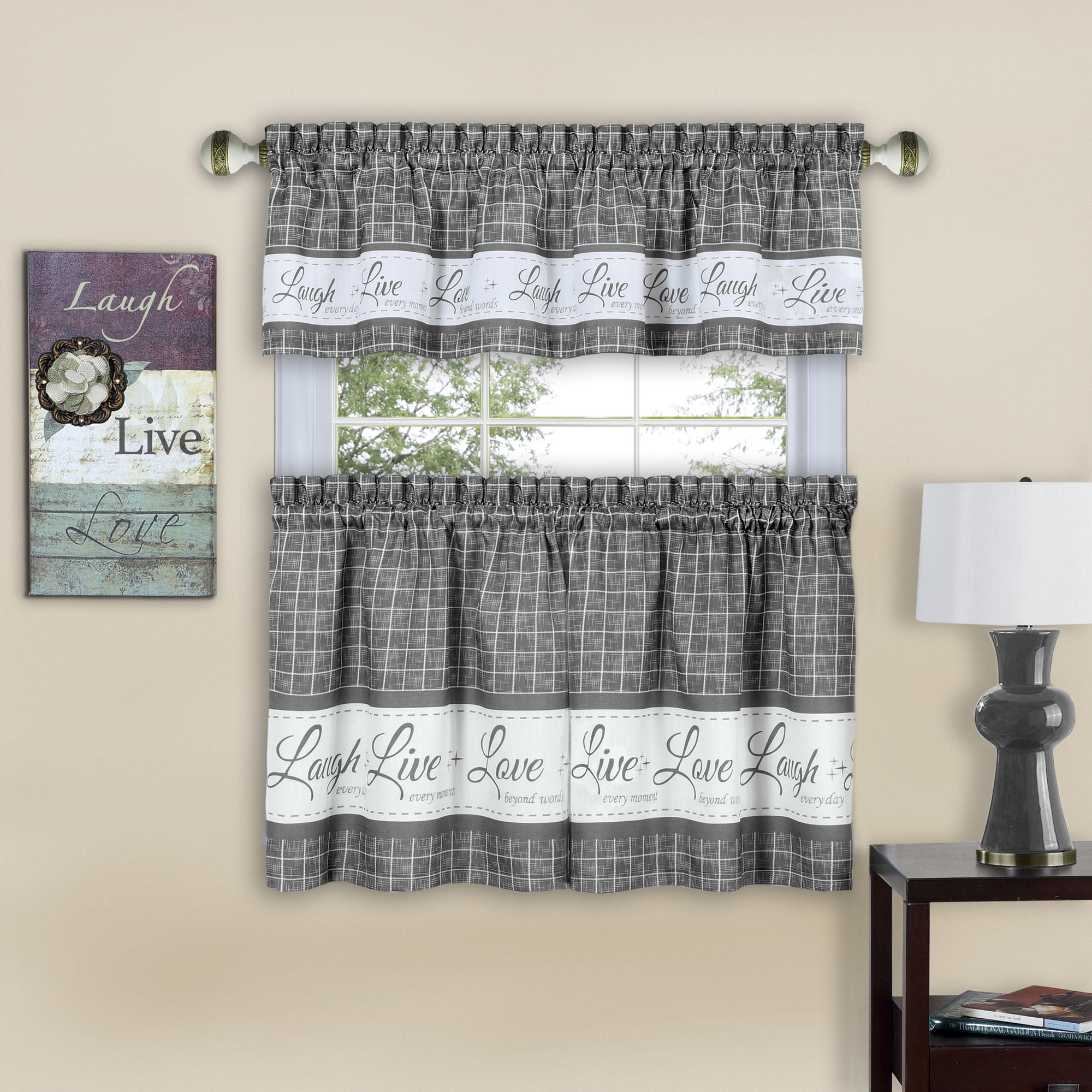 Picture of Achim LLTV24GY12 58 x 24 in. Live&#44; Love&#44; Laugh Window Curtain Tier Pair & Valance Set&#44; Grey