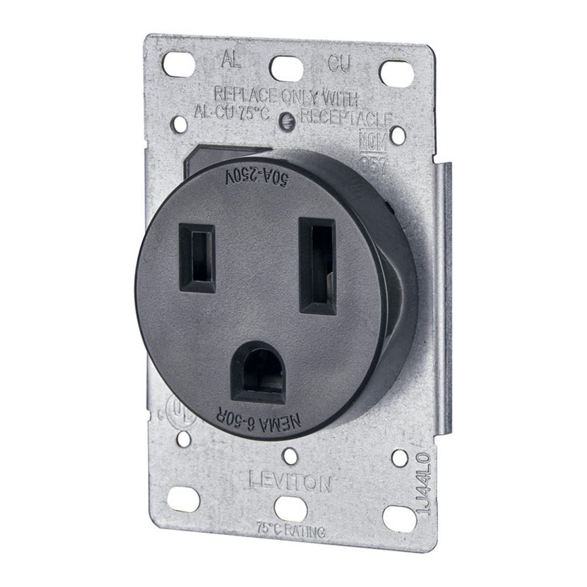 Leviton  50A  250V 2-Pole Flush Mount Shallow Single Outlet  Black
