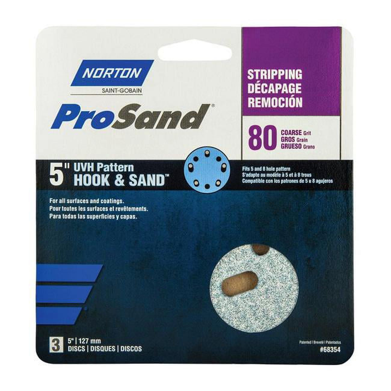 1918093 ProSand 5 in. Ceramic Blend Hook & Loop 5 & 8 Hole UVH Stripping Disc, 80 Grit Coarse - Pack of 3 -  Norton