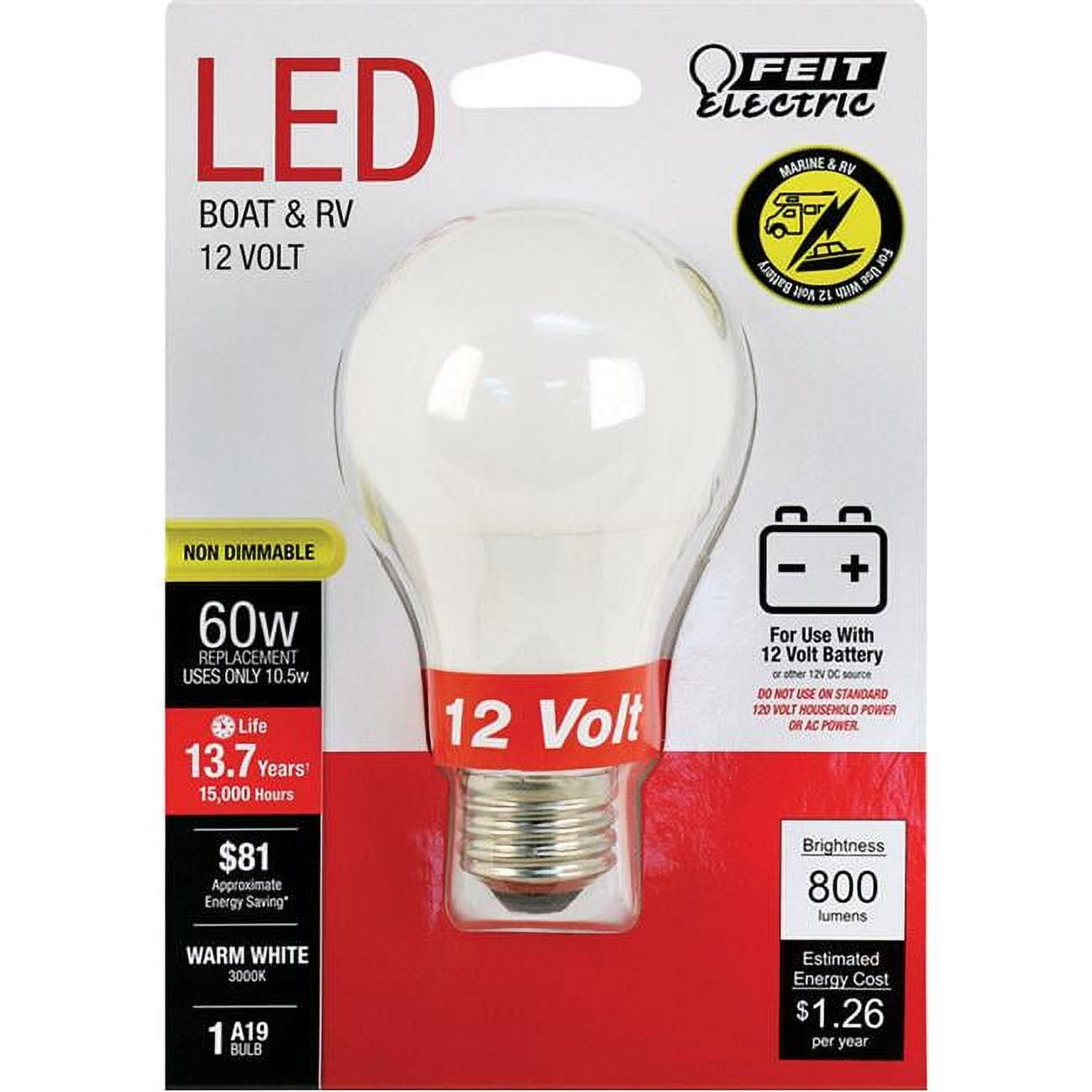 12V 10.5W A19 LED Bulb, 800 Lumens - Warm White