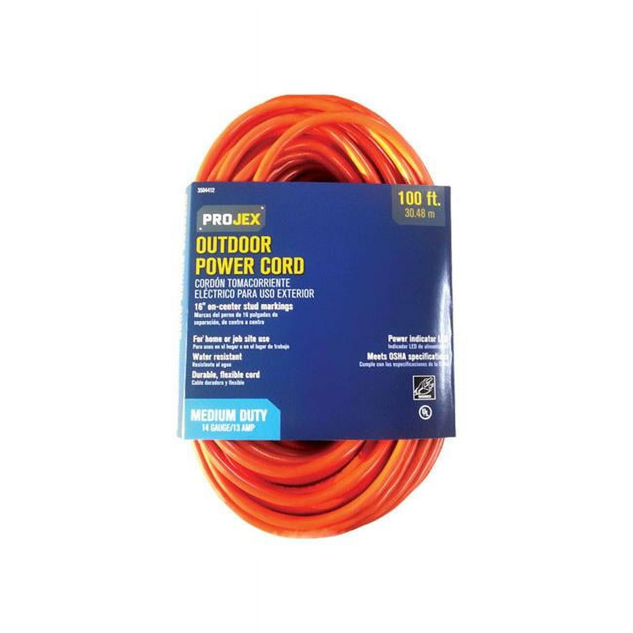 SJTW Extension Cord, 14 AWG, Indoor/Outdoor, 14/3, 1 Outlets, Orange, PVC, 100 ft