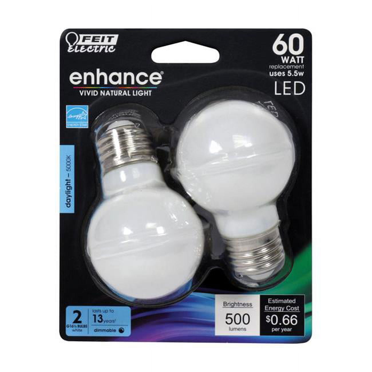 Feit Electric 60W G16.5 E26 Filament Dimmable LED Bulb 2 Pack - BPGM60950CAFL2R