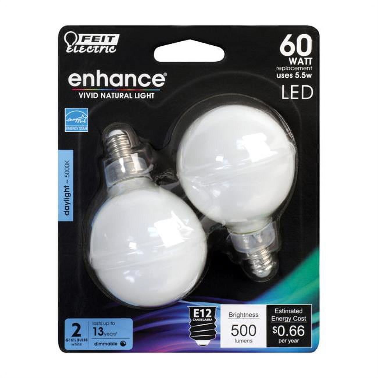 Feit Electric 60W G16.5 E12 5000K Dimmable LED Bulb 2 Pack - BPG1660W95CAFL2