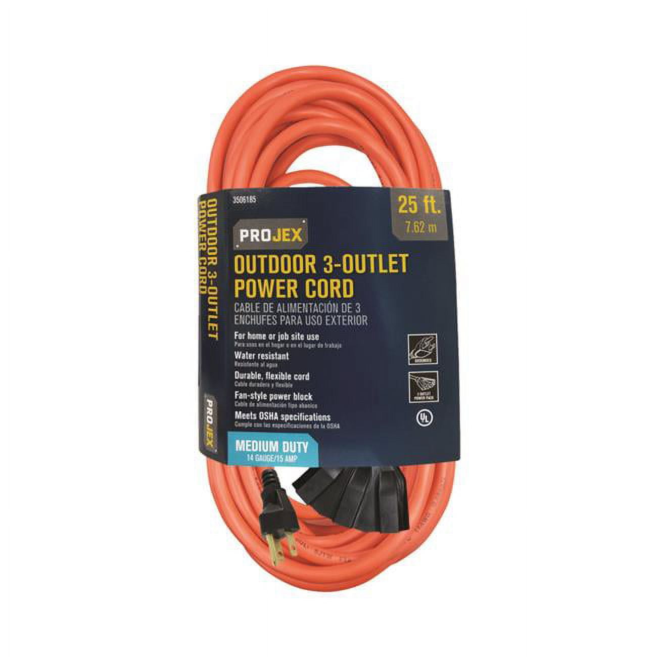 Indoor & Outdoor 25 ft. Orange Triple Outlet Cord