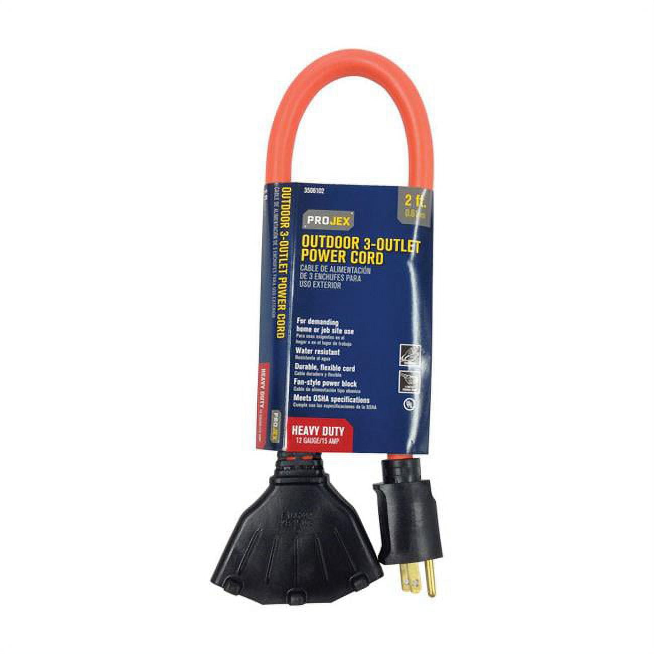 Extension Cord, Indoor/Outdoor, 3 Outlets, Orange, PVC, 2 ft