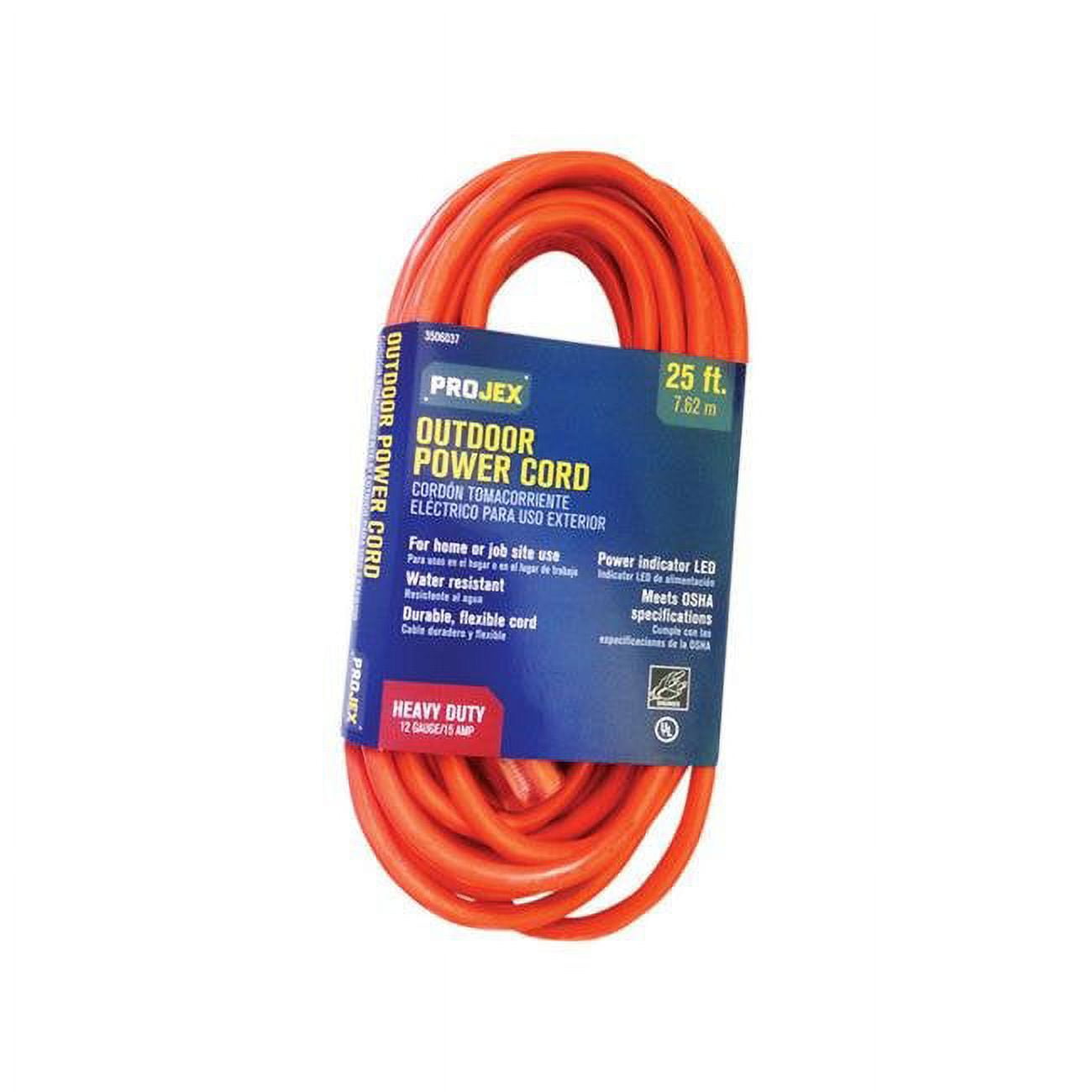 SJTW Extension Cord, 12 AWG, Indoor/Outdoor, 12/3, 1 Outlets, Orange, PVC, 25 ft