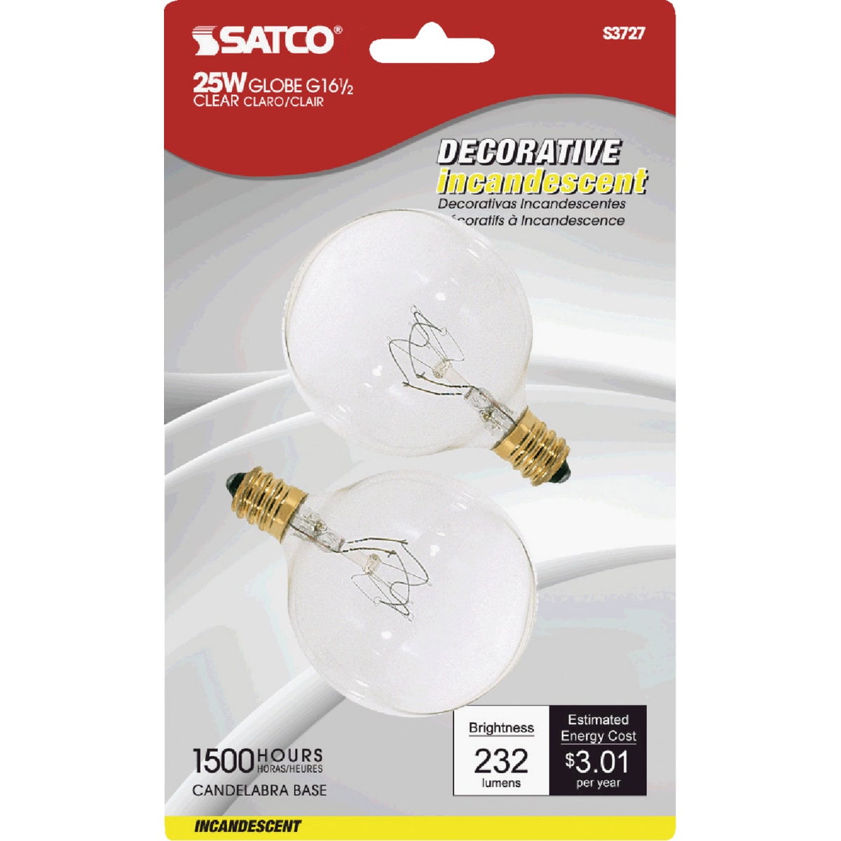 25W G16.5 Incandescent Bulb, 232 Lumens - Soft White, Pack of 10