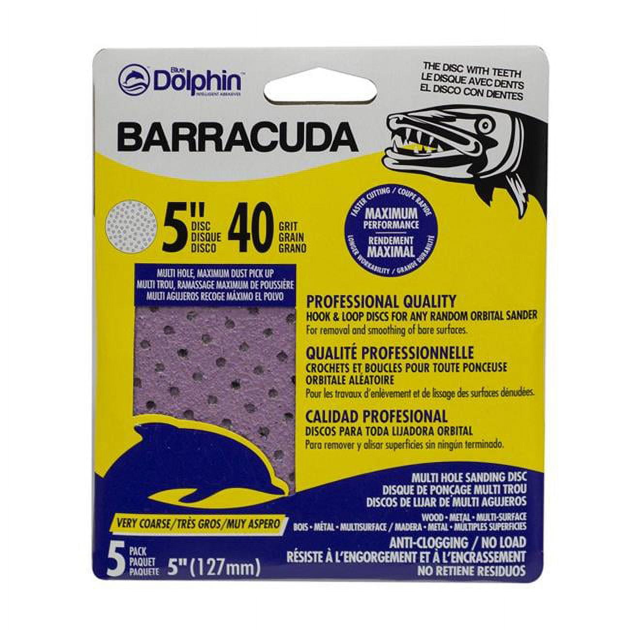 1003069 5 in. 40 Grit Extra Coarse Blue Dolphin Aluminum Oxide Hook & Loop Sanding Disc - Pack of 5 -  Barracuda
