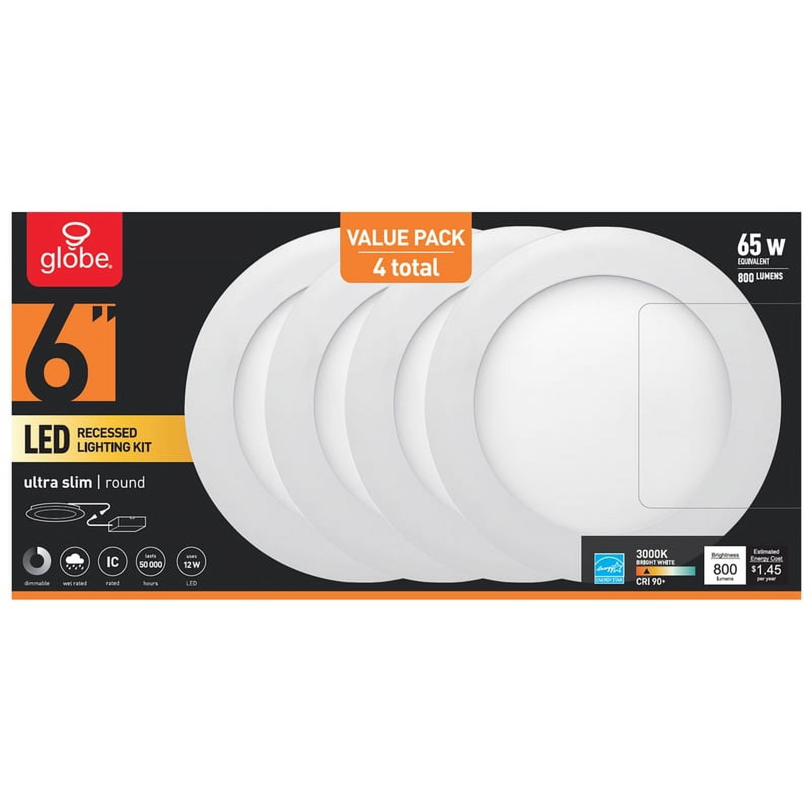 Picture of Globe Electric 3001861 White 6 in. 12W Aluminum LED Recessed Lighting Kit - Pack of 4