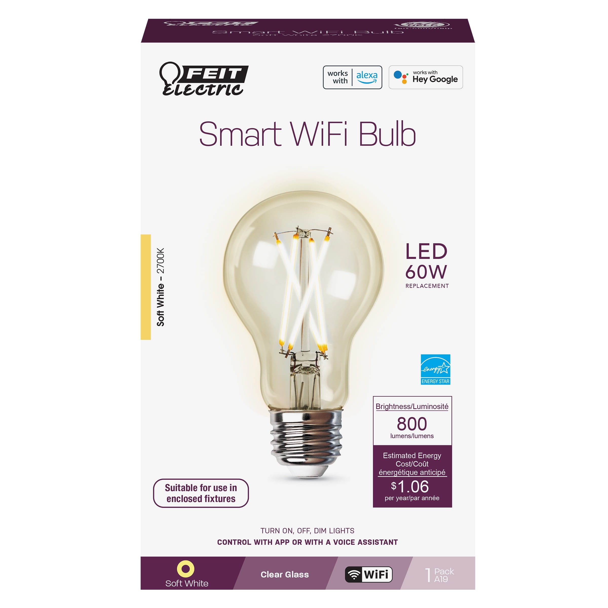 Feit Electric 60W A19 Alexa Google LED Smart WiFi Bulb 1 Pack - A1960CL927CAFAG