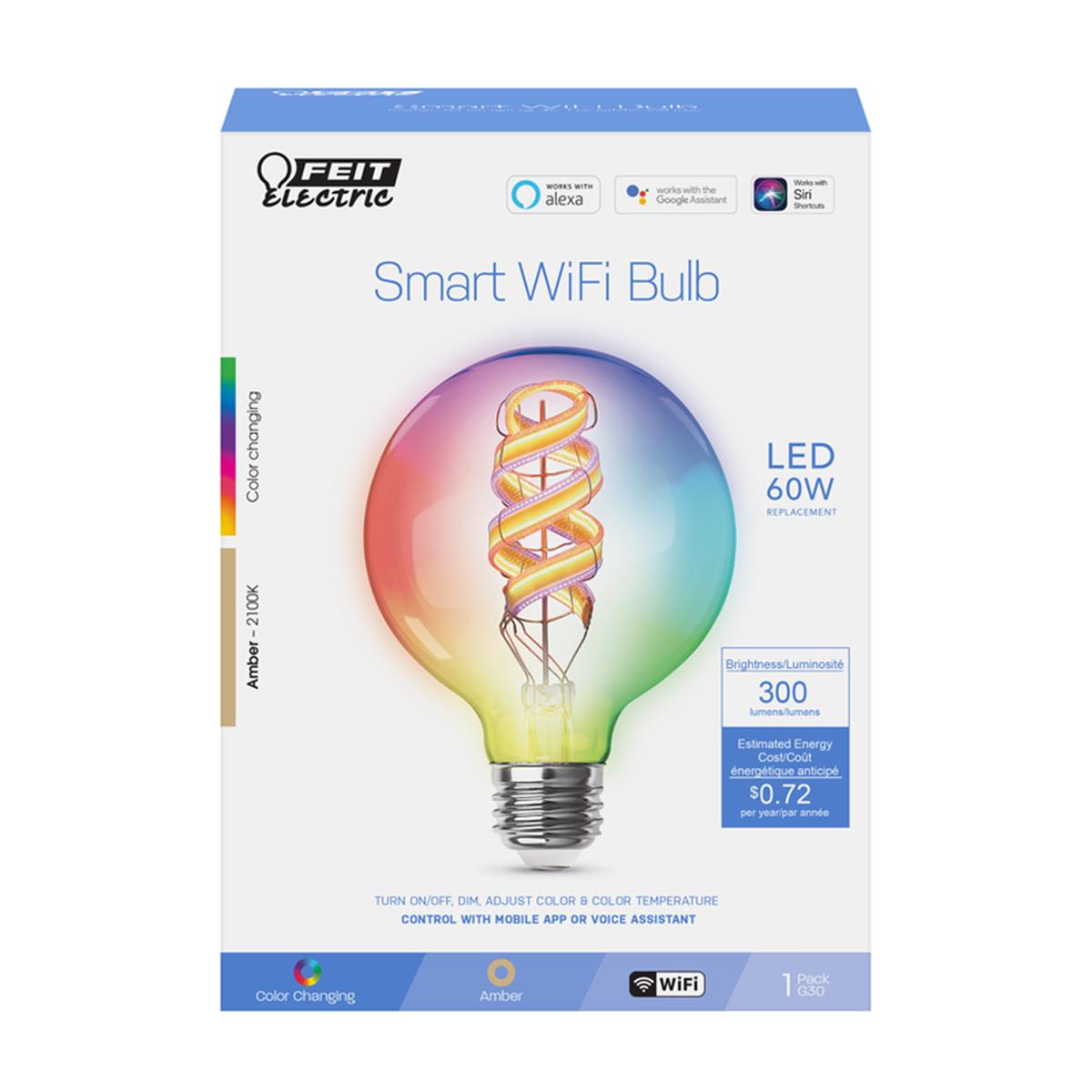 3008393 G30 E26 Medium LED Smart Bulb Color with Changing 60 watts Equivalence