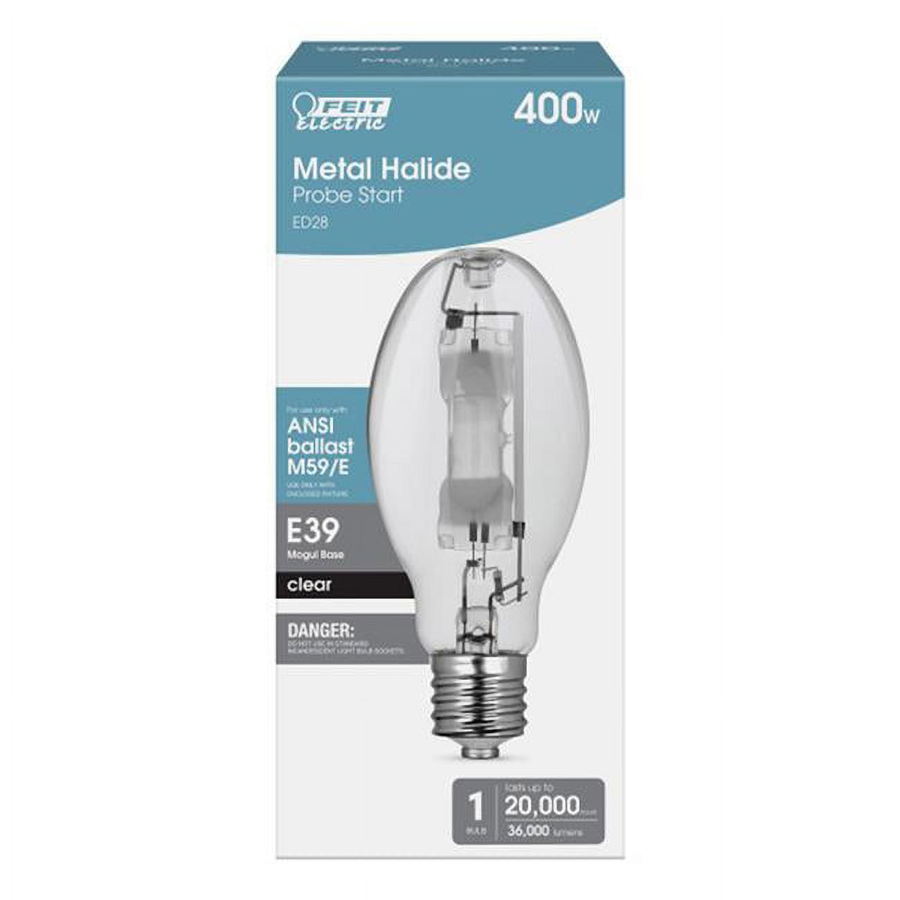 400 watts Feit ED28 HID Bulb with 36000 Lumens Metal Halide, Bright White