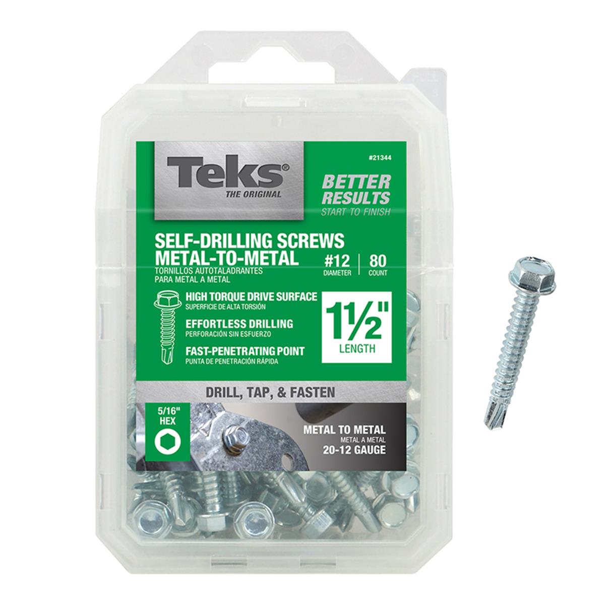 Screw #12 Thread, 1-1/2" L, Coarse, Hex Drive, Self-Drilling, Self-Tapping Point, Steel, 80PK