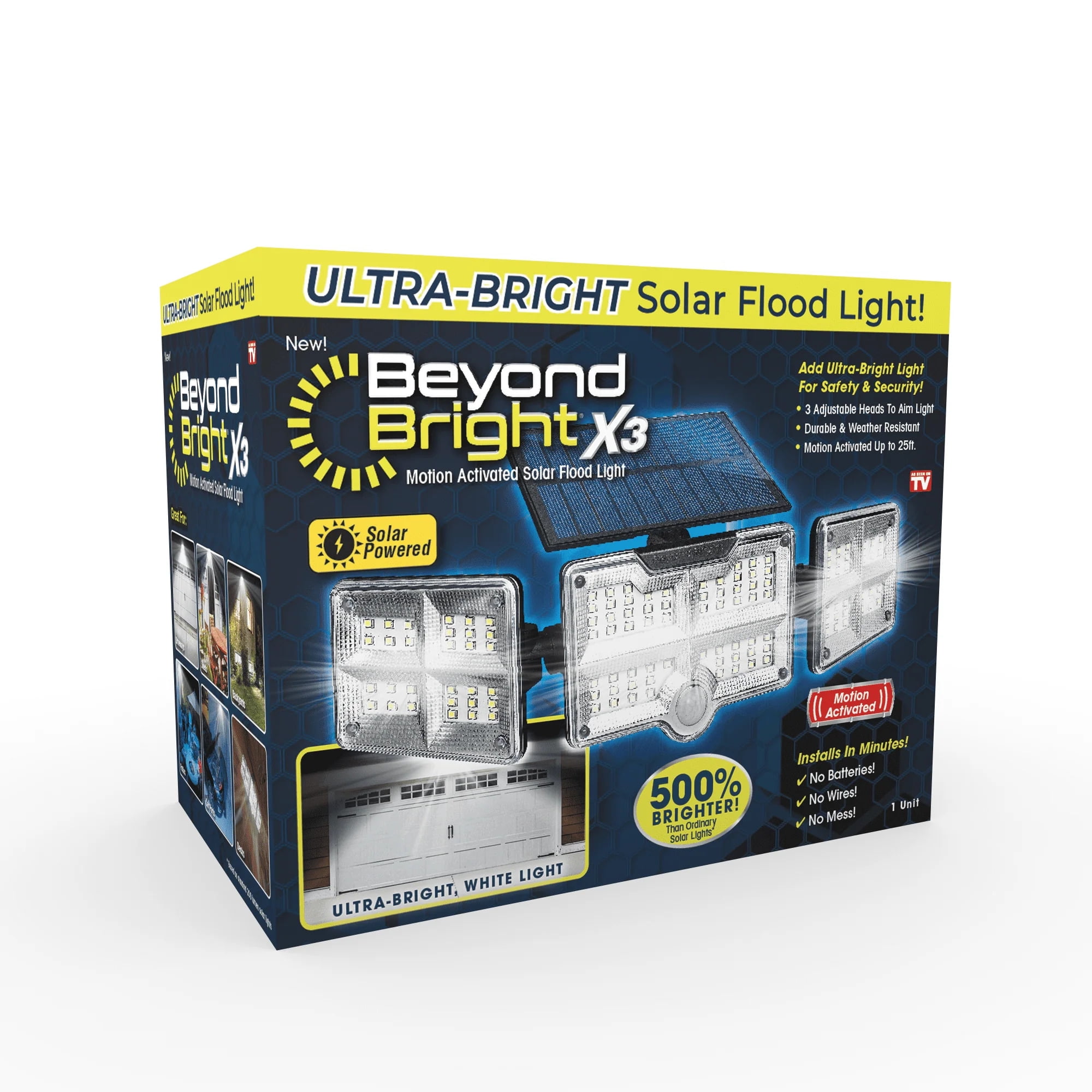 X3 Motion-Sensing Solar Powered LED Black Floodlight, Black