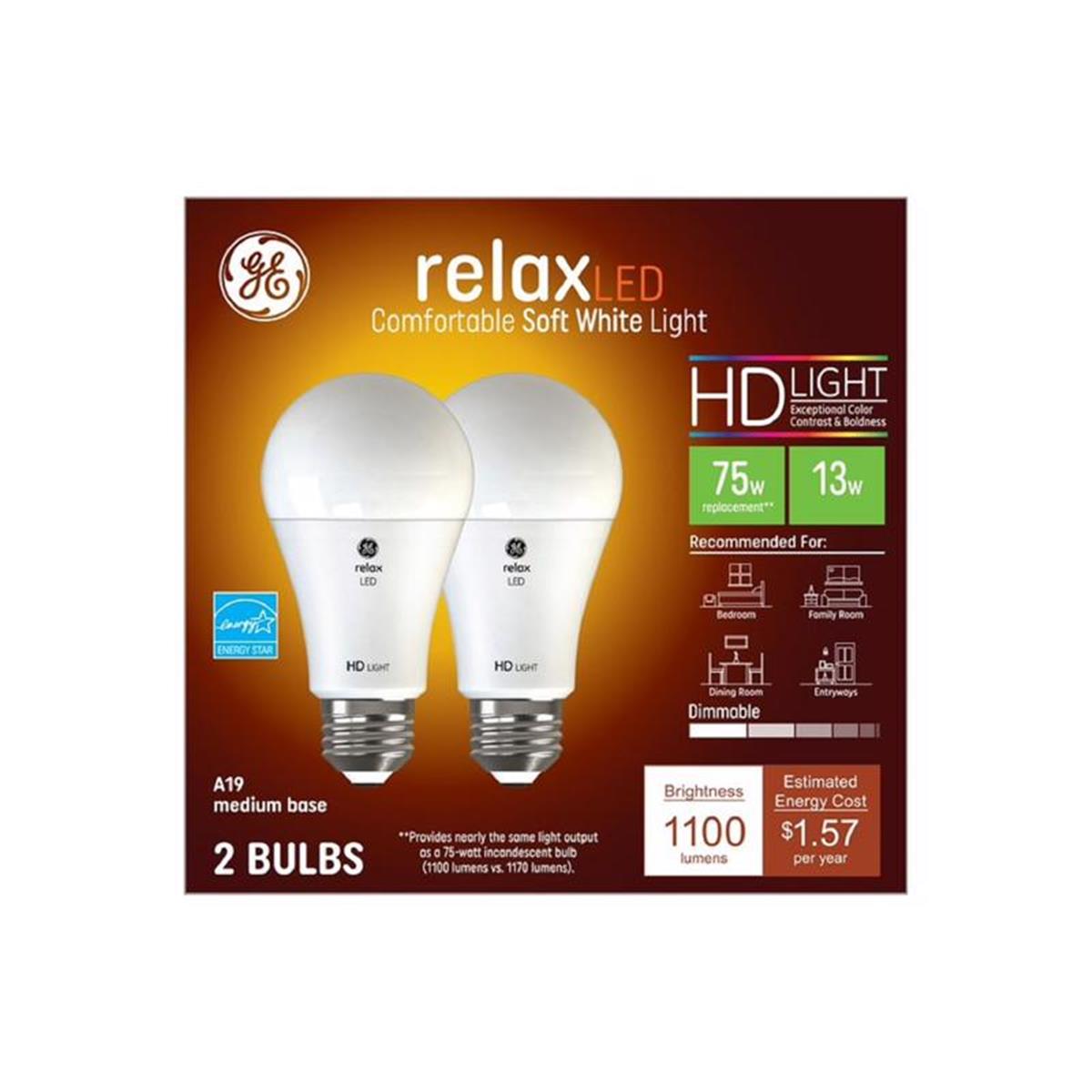 3006137 Relax HD A19 E26 Medium LED Light Bulb with 75 watt Equivalence, Soft White - Pack of 2 -  GE