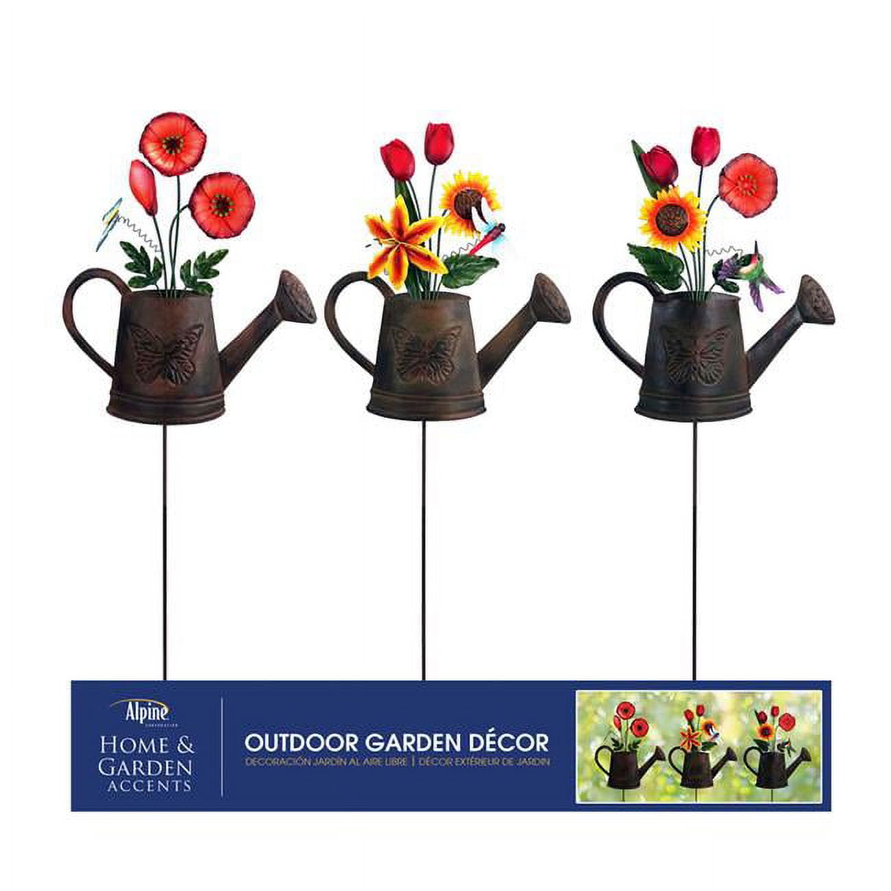 Picture of Alpine 8068768 36 in. Watering Can with Flowers Outdoor Garden Stake&#44; Multi Color - Pack of 9