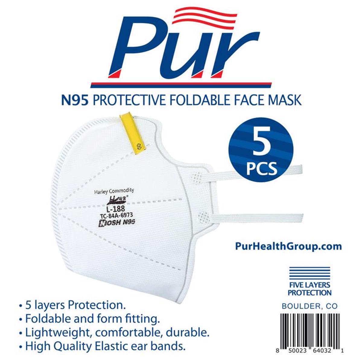 2020054 N95 General pose Face Mask, White - One Size - Pack of 5 -  Pur