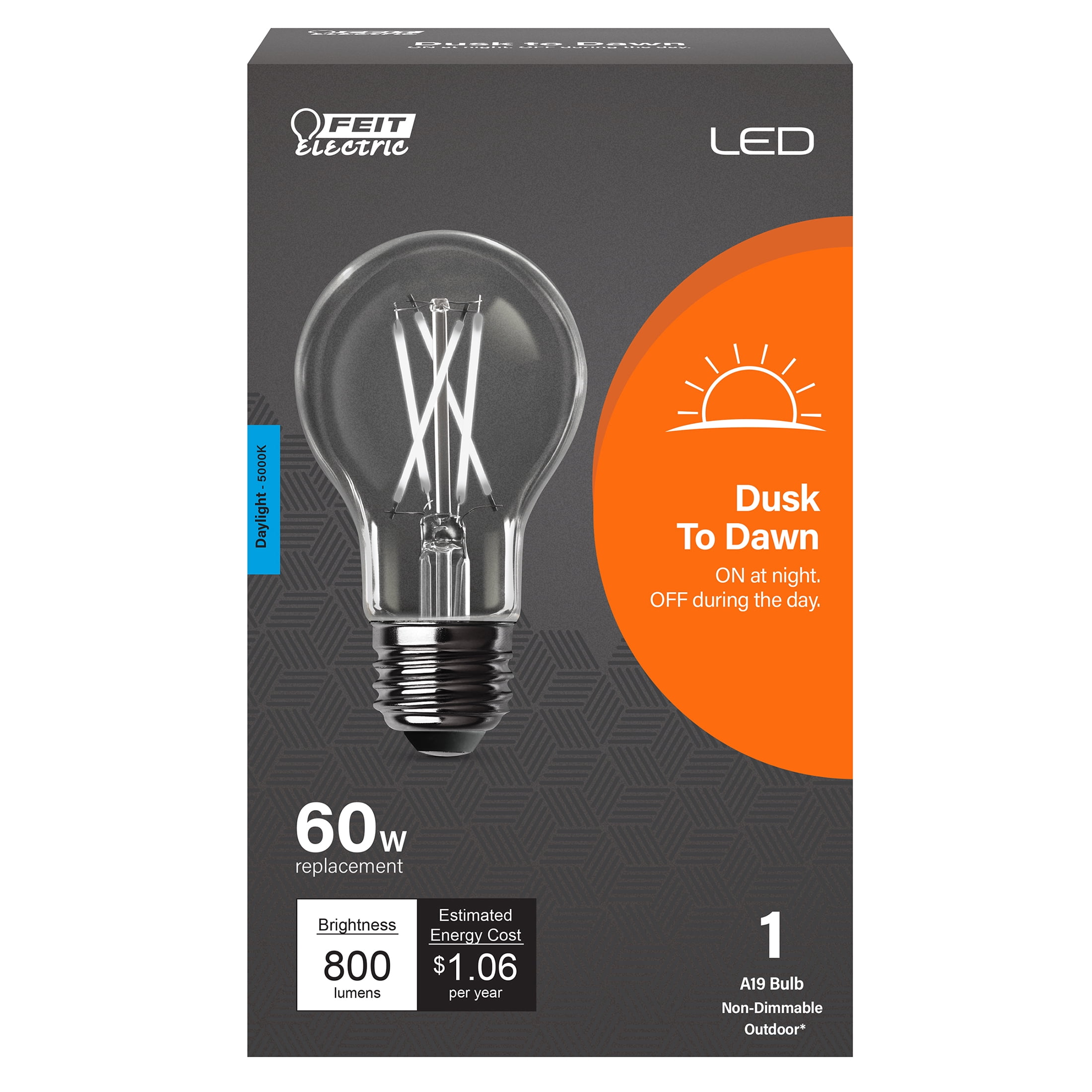 60W Equivalence A19 E26 LED Dusk to Dawn Bulb, Daylight Clear - Medium
