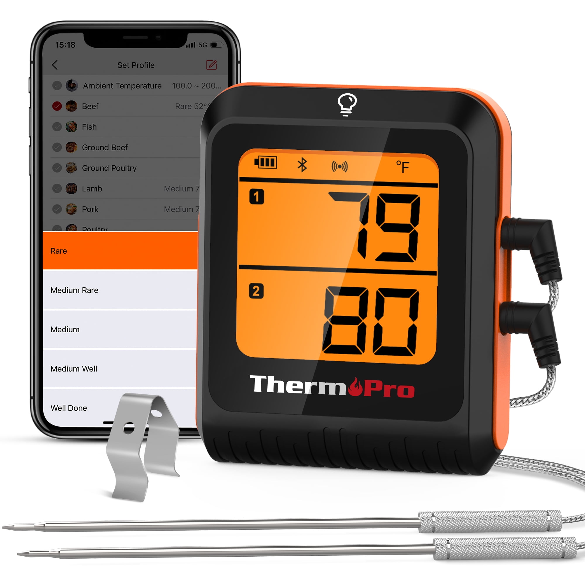 Picture of Thermopro 8083573 LCD Bluetooth Enabled Grill & Meat Thermometer&#44; Orange