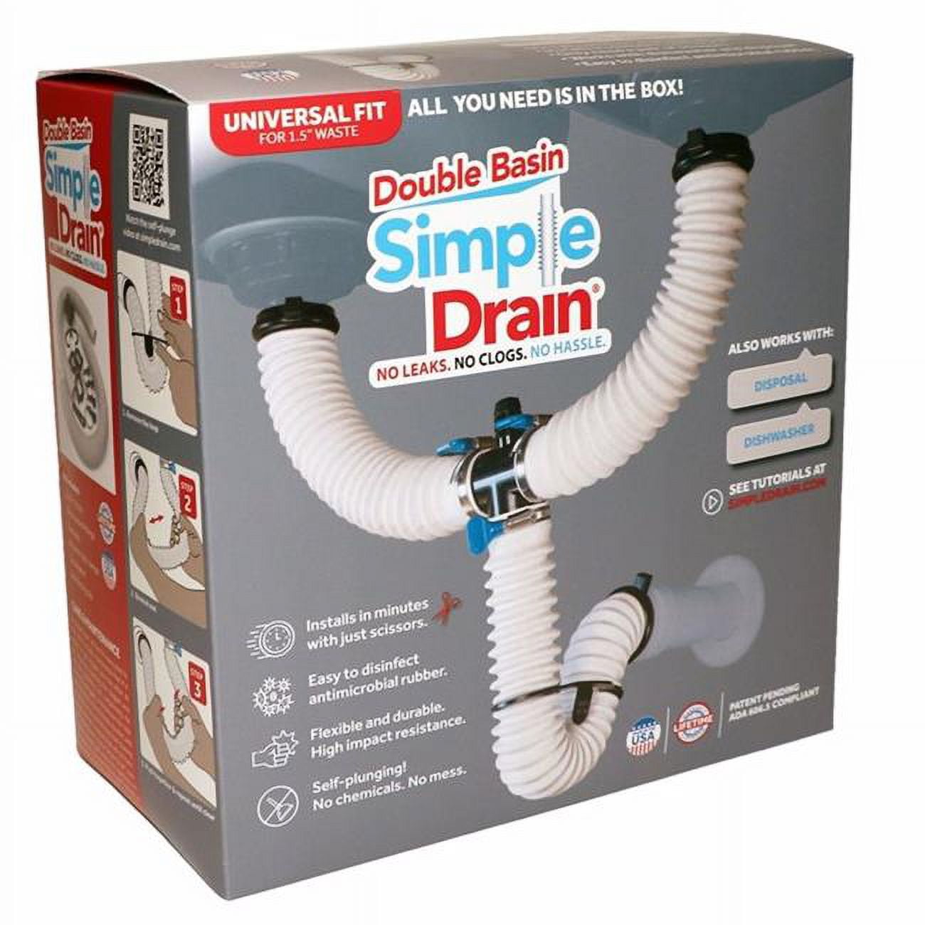 Picture of Simple Drain 4000808 1.5 in. Textured Brass & Rubber Double Sink Drain Kit, White