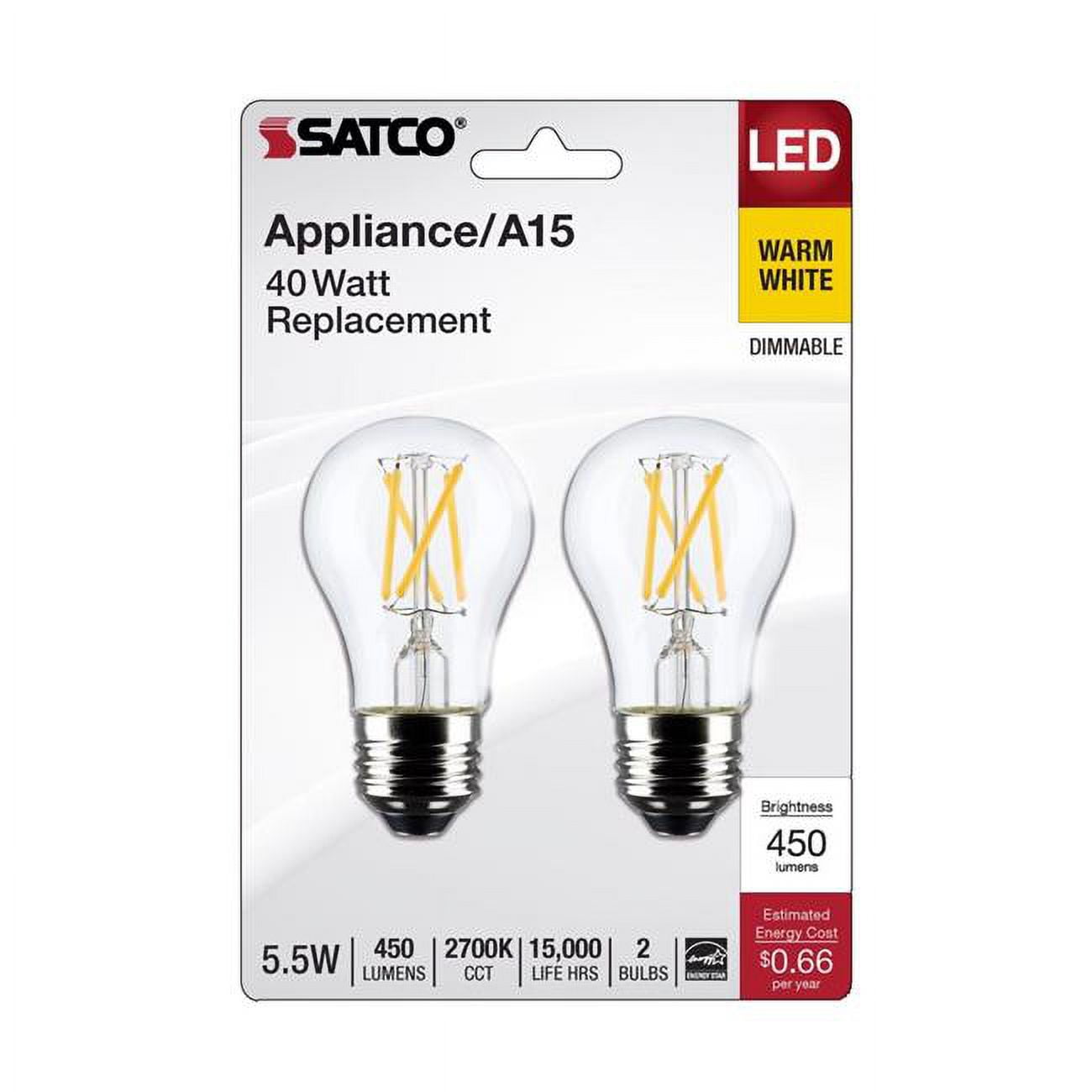 Picture of Satco Products 3001604 Satco A15 E26 Filament Warm White 40W Equivalence LED Bulb - Pack of 2