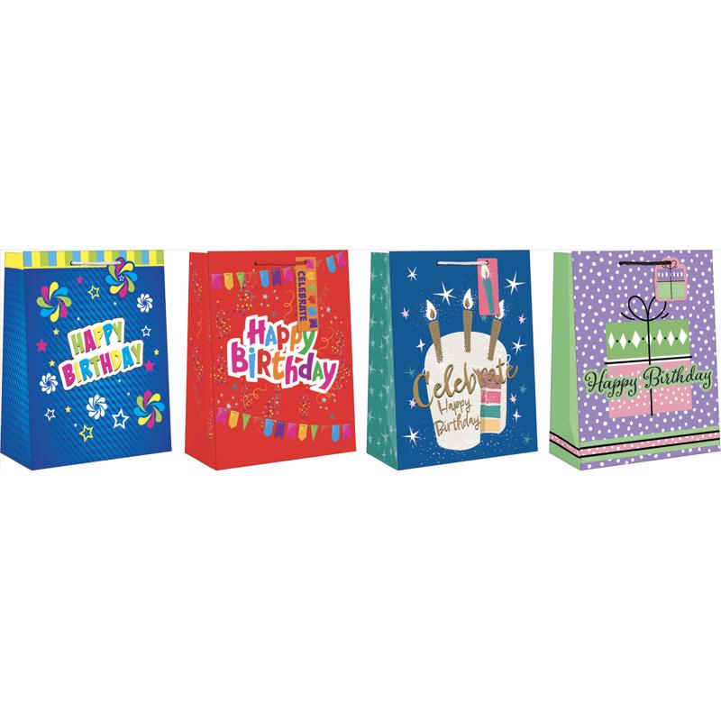 9093184 Generic Birthday Gift Bag, Assorted Color - Large - Pack of 12