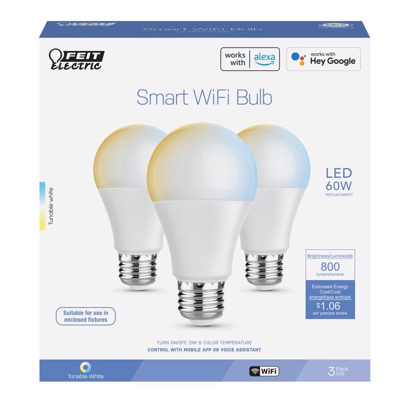 Picture of Feit Electric 3016270 A19 E26 Medium Smart-Enabled Adjustable 60W Equivalence LED Bulb&#44; White - Pack of 3
