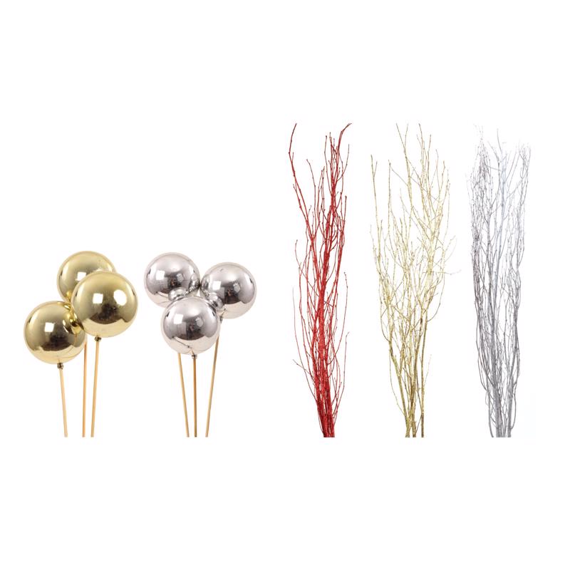 Ornament Balls & Glitter Birch Branches - Multicolor - Pack of 24 - Festive Decor