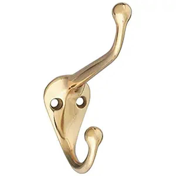 V1960 Coat and Hat Hook, 75 lb, 2-Hook, Brass, Brass