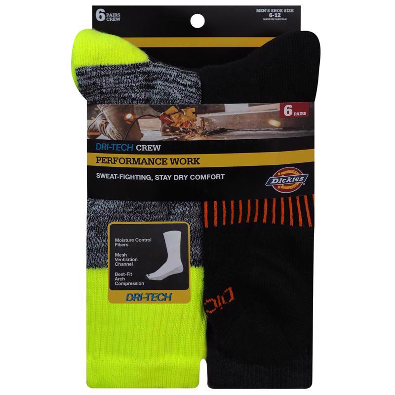 Dickies Moisture Control Crew Work Socks, Size 6-12, 6-Pack in ANSI Yellow