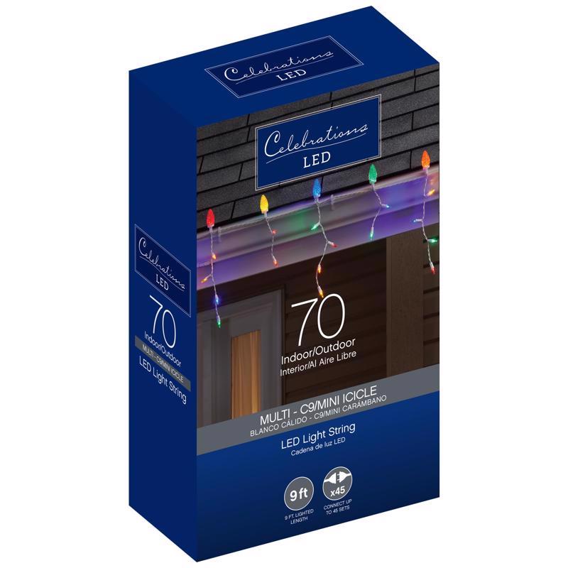 9096434 9 ft. Blue LED C9 Icicle Christmas Lights, Multi Color- 70 Count