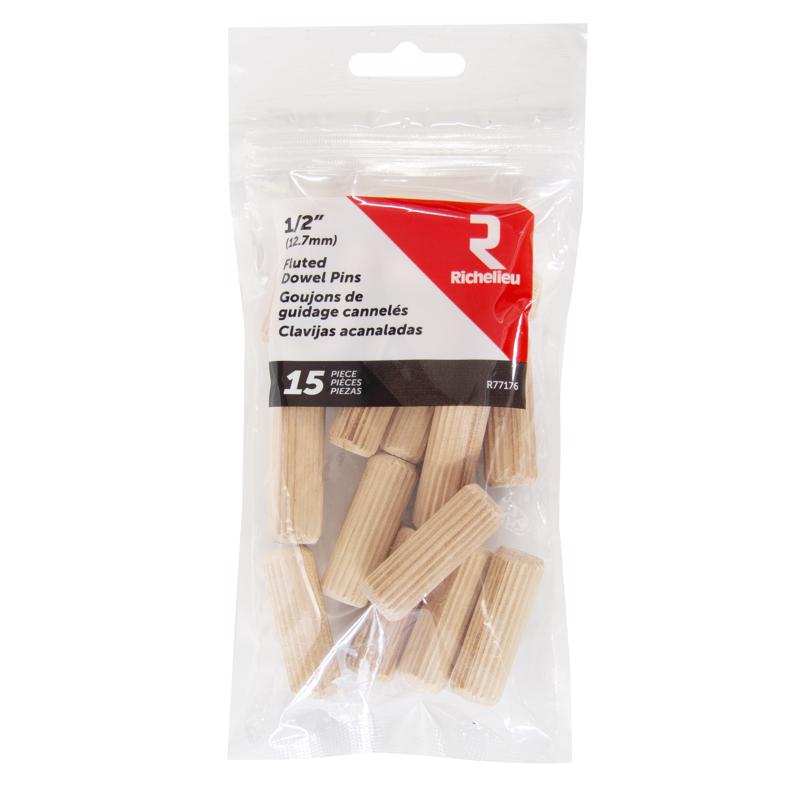 5059168 0.5 x 1.5 in. Fluted Wood Dowel Pin, Natural - 15 per Pack - Pack of 5