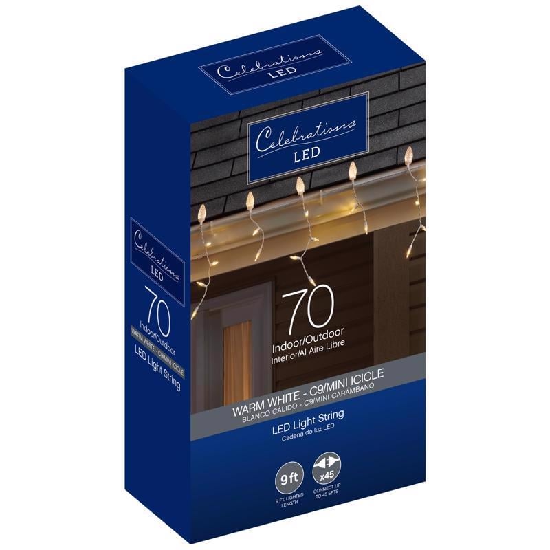 9096128 9 ft. Blue LED C9 Icicle Christmas Lights, Warm White - 70 Count