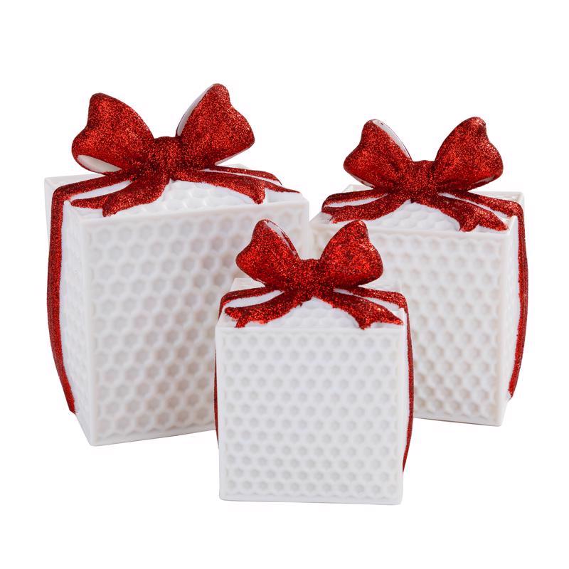 Picture of Lin-Con Marketing 9096656 6 in. Omega Bright Designs LED Bows Table Decor Gift Box&#44; White with Red - Pack of 4
