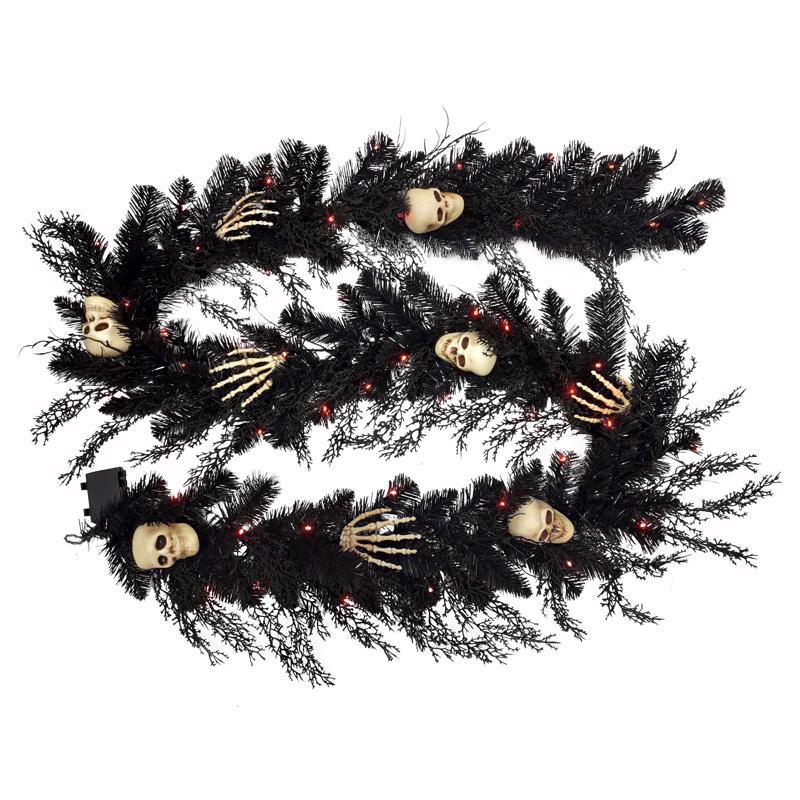 Picture of Celebrations 9096090 9 ft. LED Prelit Black Skull Garland&#44; Orange & Purple - 50 Count - Pack of 4