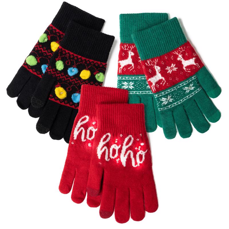 9107750 Assorted Color Holiday Christmas Gloves - 3 per Pack - Pack of 24