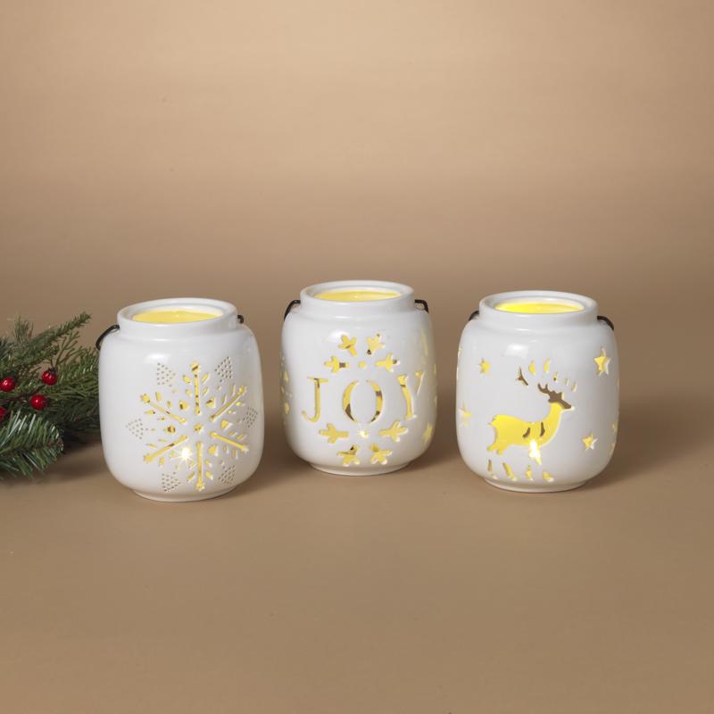 Gerson 9106703 5 in. White Lighted Holiday Design Lantern - Pack of 12