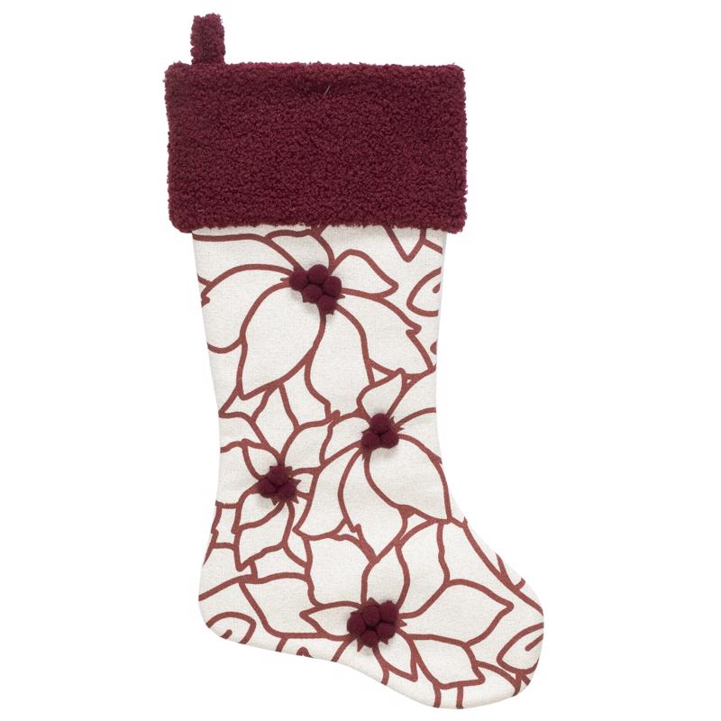 9106292 20 in. Ivory & Red Poinsettia Christmas Stocking