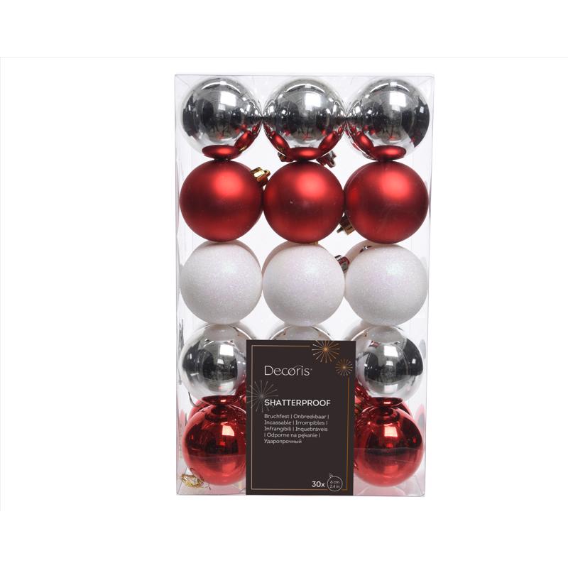 9107261 Decorous Red, Silver & White Shatterproof Ornaments