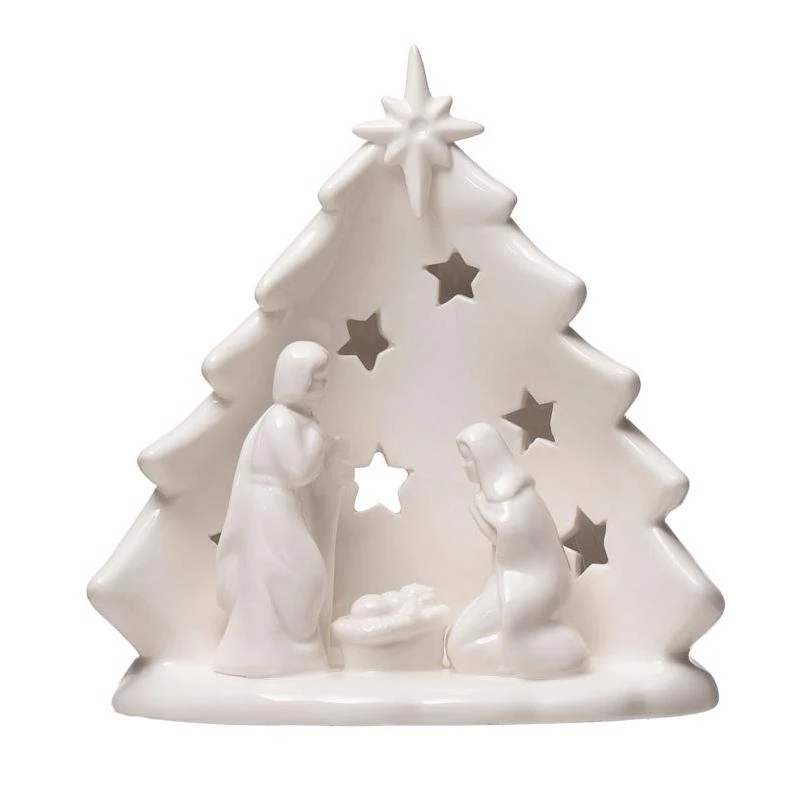 9106686 6 in. White Holy Family with Tree & Cut-outs Table Decor