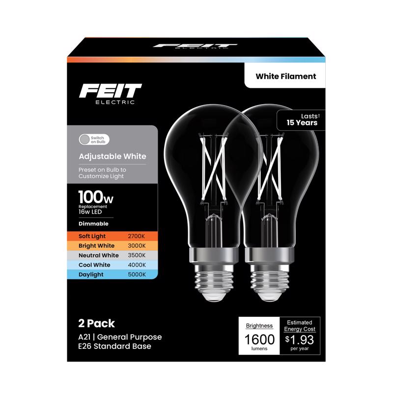 3018705 A21 E26 100W Equivalence Adjustable White Medium Filament LED Bulb, Clear - Pack of 2