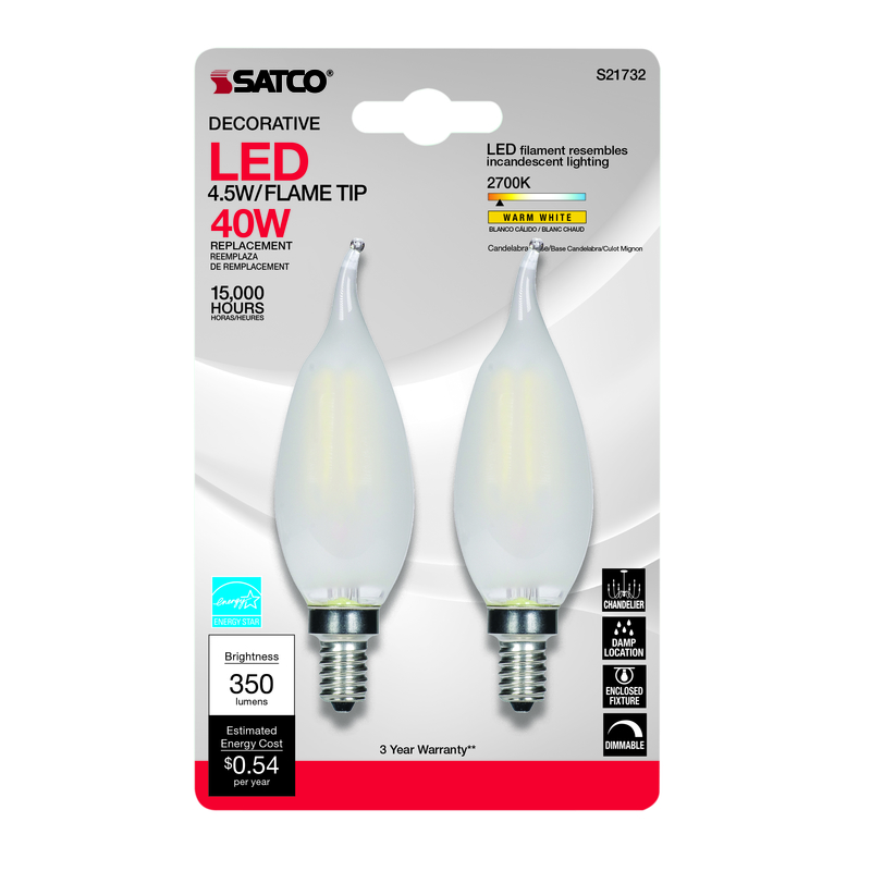 3006717 Frosted CA10 Flame Tip E12 Candelabra LED Bulb, Warm White - 40W Equivalence - 2 per Pack